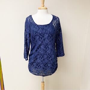 Lined Lace Cinched 3/4 Sleeve Top Navy Blue Medium
